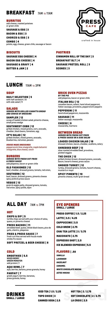 Press cafe menu odessa tx 0235 Mon-Sat | 7AM-6:30PM Hours Mon 6:00am-2:00pm Tue 6:00am-2:00pm Wed 6:00am-2:00pm Thu 6:00am-2:00pm Fri 6:00am-2:00pm Sat 6:00am-2:00pm Sun 6:00am-2:00pm Claim This Business Is this your business? Claim now to immediately update business information and menu! Nearby Eats Fun Noodle Bar Ramen, Asian Fusion, Chinese 0